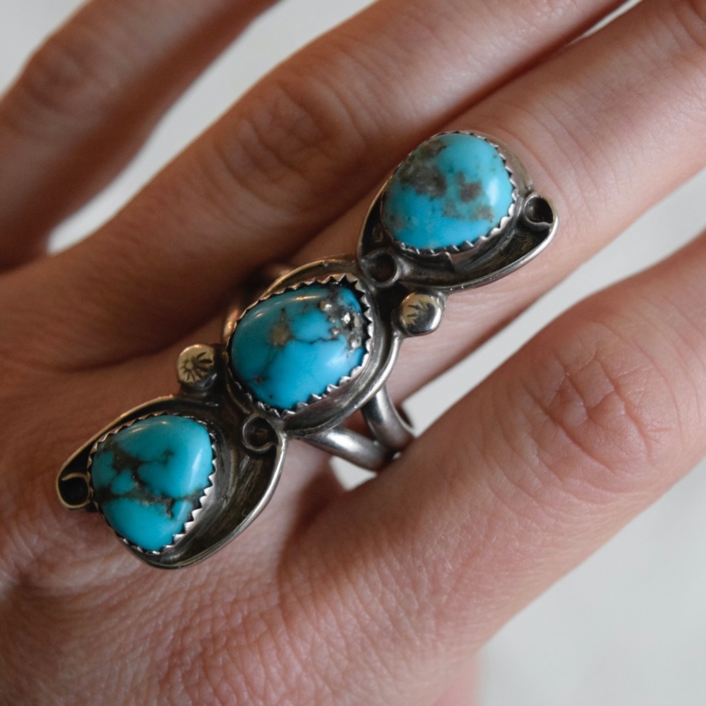 Vintage Size 7 Morenci Turquoise Pyrite Triple Stone Long Ring Sterling Silver - Picture 4 of 7